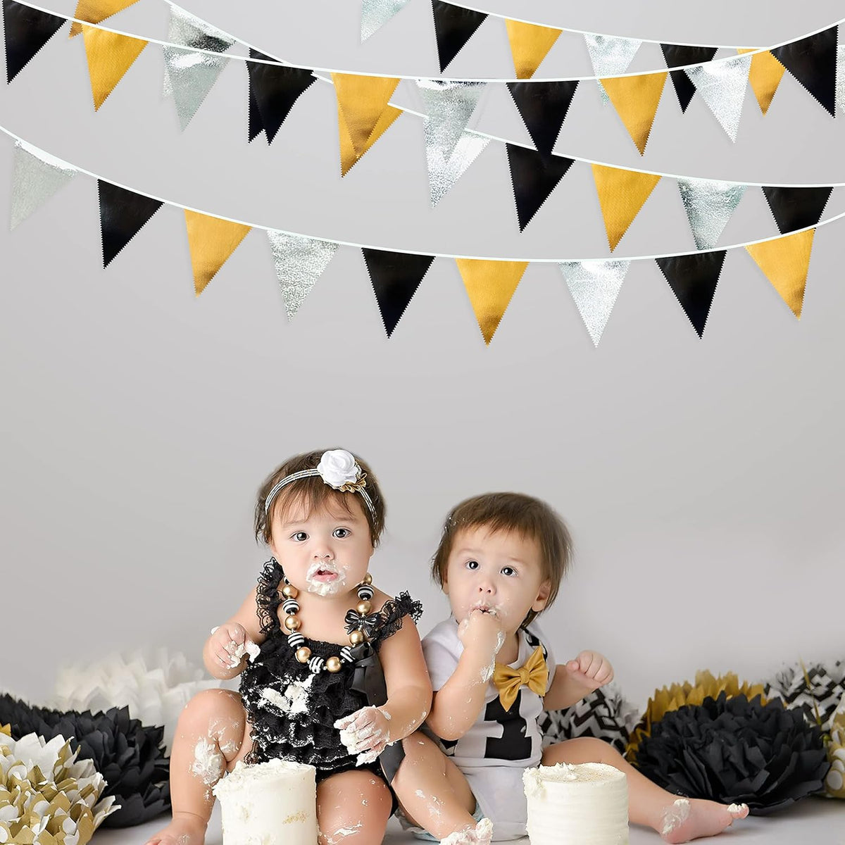 Black Gold Silver Party Decoration Triangle Pennant Banner Flag Metallic Fabric Bunting Garland for Birthday Graduation Anniversary Wedding Bridal Shower Bachelorette Engagement Disco Party Supplies - HavenBliss Decor