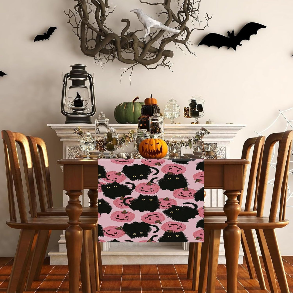 Halloween Table Runner Black Cat Pink Pumpkins Seasonal Kitchen Dining Table Home Outdoor Party Decorations 13x36 Inch