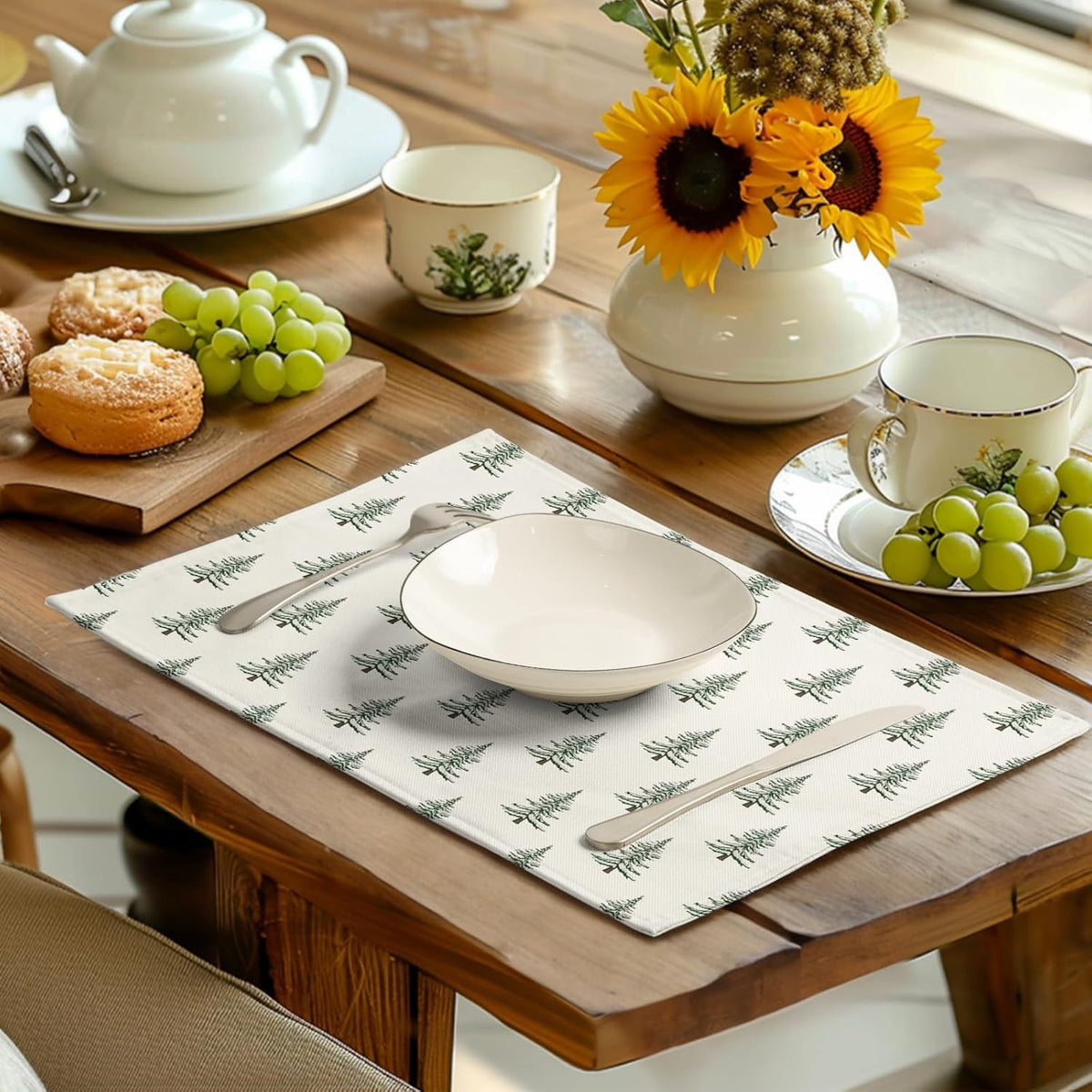 Pine Trees Christmas Placemats Set of 4 Xmas Tree Vintage Rustic Print Place Mats Winter Holiday Green White Farmhouse Linen Table Mats for Indoor Outdoor Kitchen Dining Party Decor