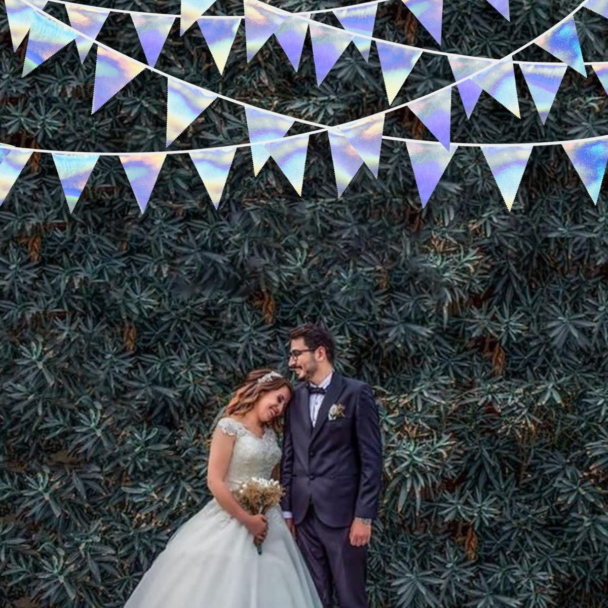33Ft Iridescent Party Decoration Holographic Fabric Triangle Pennant Banner Flag Cotton Bunting Garland for Birthday Wedding Bridal Shower Bachelorette Engagement Disco Euphoria Galaxy Party Supplies - HavenBliss Decor