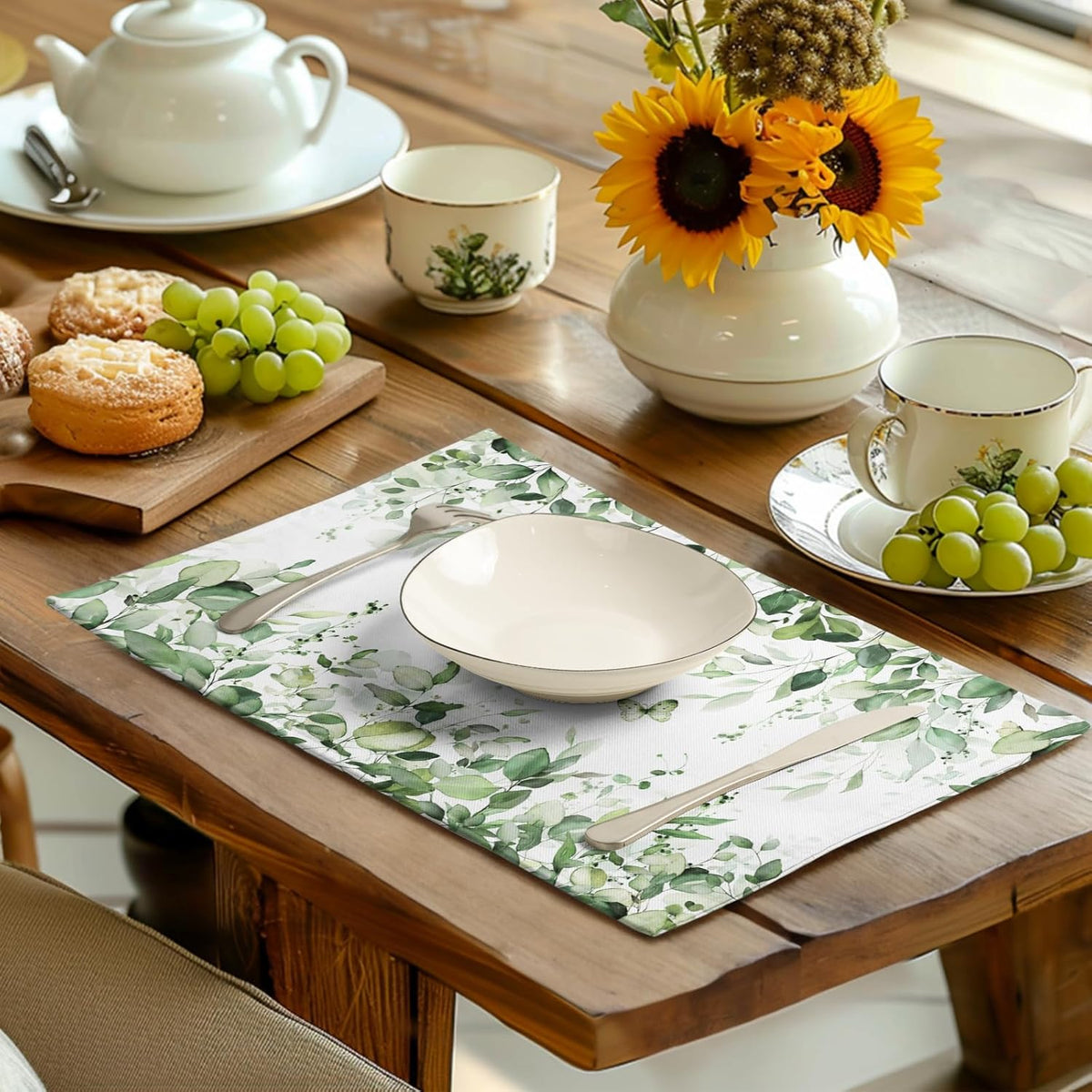 Sage Green Leaf Placemats Set of 4 Eucalyptus Leaves Place Mats 12×18 Inch Spring Summer Rustic Vintage Farmhouse Washable Linen Fabric Table Mats for Party Kitchen Dining Outdoor Indoor Decor