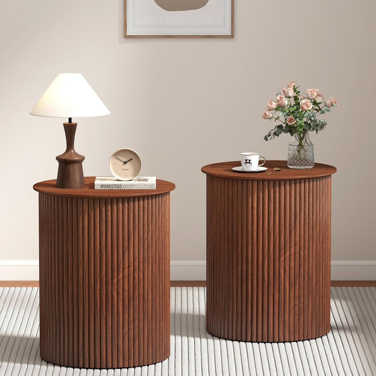 AVZEAR Fluted Round Side Table Small Mid Century End Table, 17.7" Fluted Nightstands Modern Circle Bedside Tables, Wood Night Stand for Small Spaces, Living Room, Bedroom (Rustic Walnut)