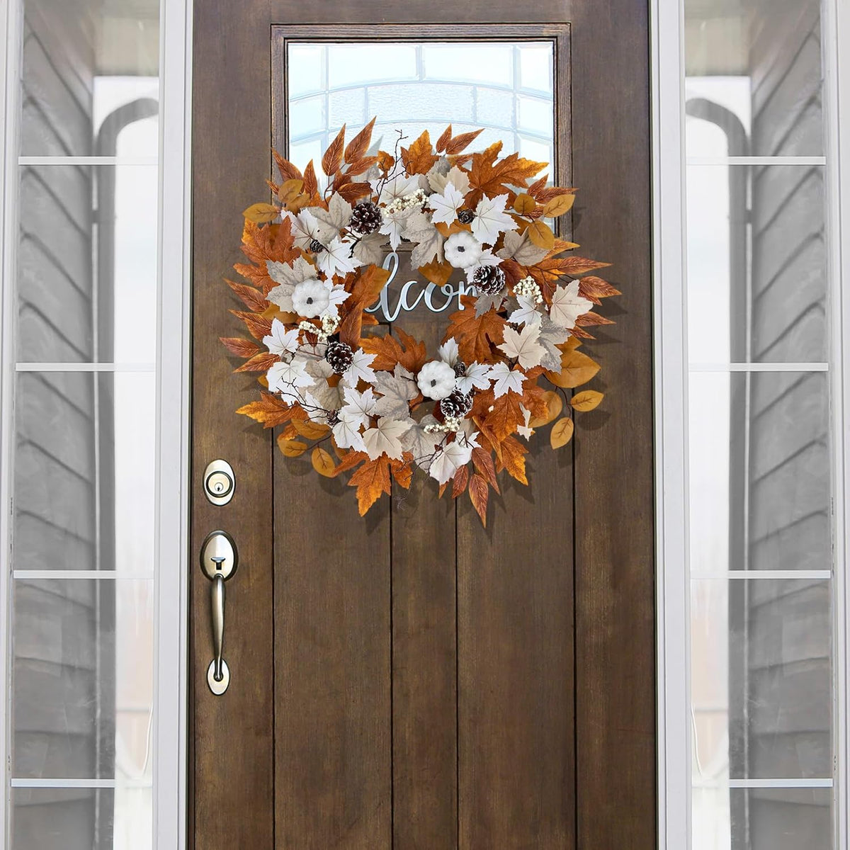 Fall Wreaths for Front Door Outside Autumn Wreath with Lights Berries Pine Cones Fall Decorations for Home Decor Pumpkin Wreath for Farmhouse Holiday Thanksgiving Harvest Halloween Outdoor