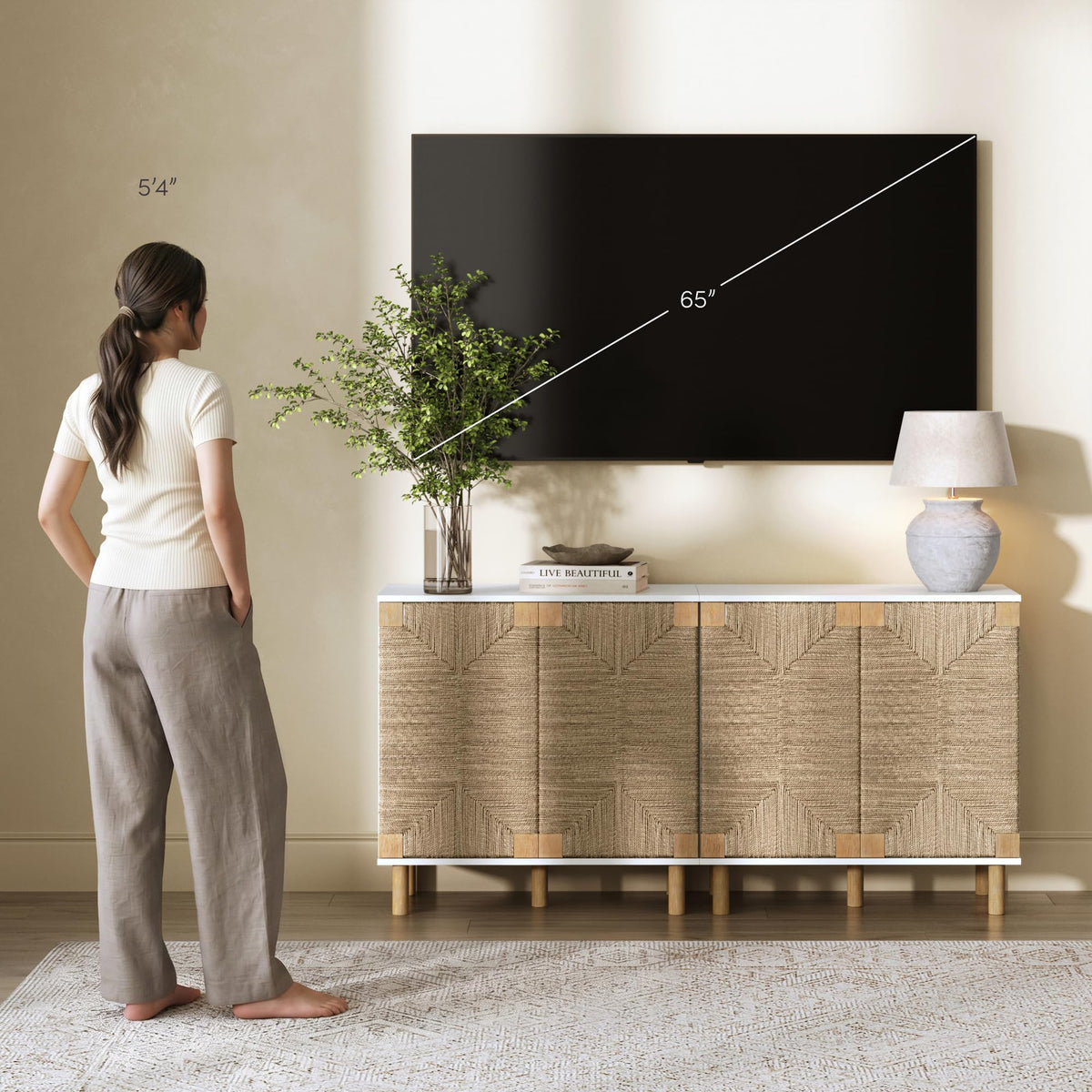 Beacon Accent Natural Sideboard Storage Cabinet TV Stand with Adjustable Interior Shelf and Seagrass Doors