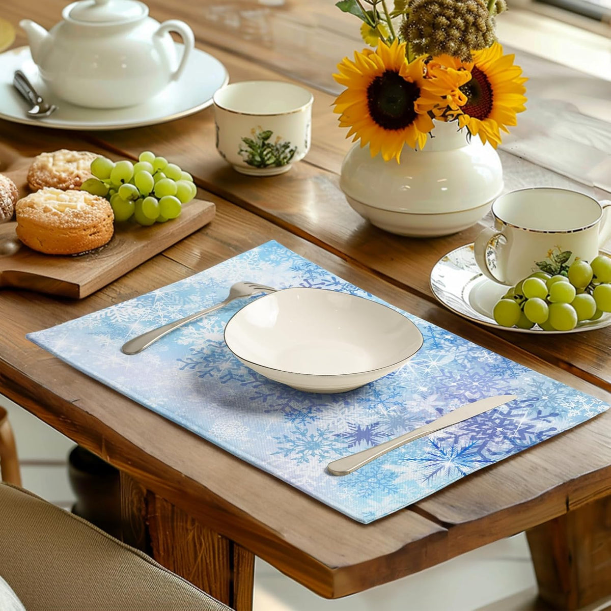 Blue Snowflake Winter Placemats Set of 4 Xmas Snow Place Mat Merry Christmas Linen Fabric Table Mats Washable Heat Resistant Placemat for Farmhouse Kitchen Dining Party Decoration