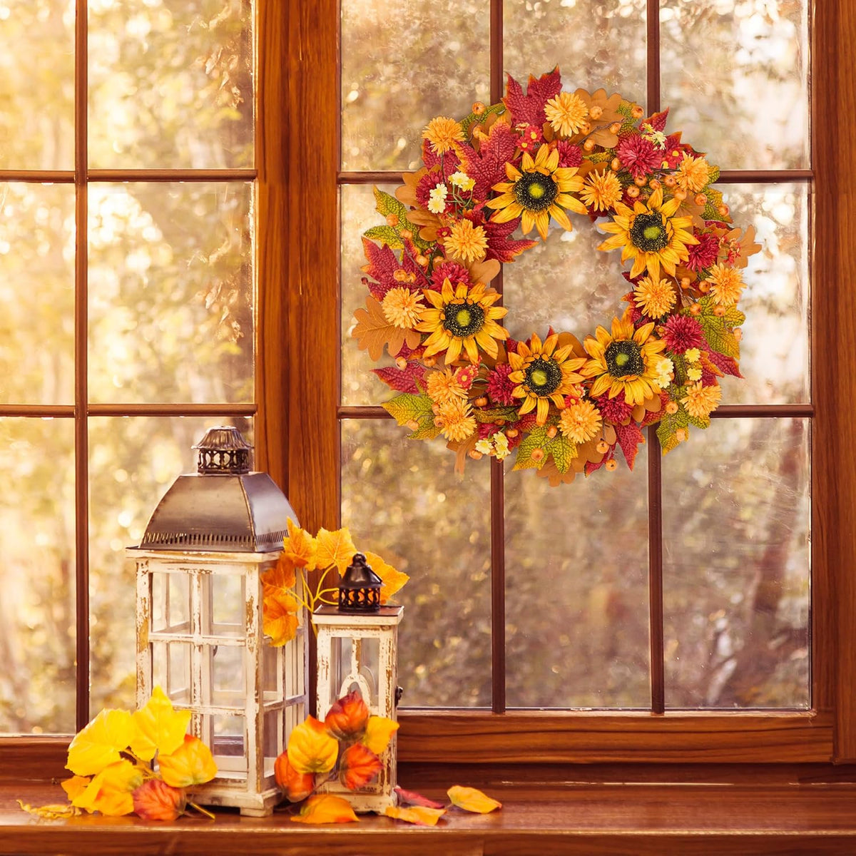 GENMOUS 24 Inch Fall Wreaths for Front Door, with Mini Pumpkin Skewers- Sunflower Wreath, Autumn Fall Decor Maple Leaf Daisy Thanksgiving Halloween Home Party Fall Decoration Indoor Oudoor