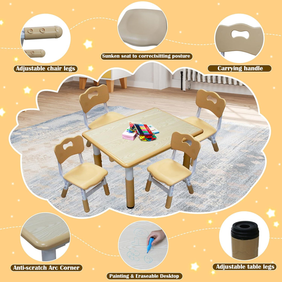 Kids Table and 4 Chairs Set with Graffiti Desktop, Toddler Furniture Set, Non-Slip, Table Children Study Desk, Dining Table, Height Adjustable Desk, Painting Desktop for Kids (31.5x23.6Inch) - HavenBliss Decor