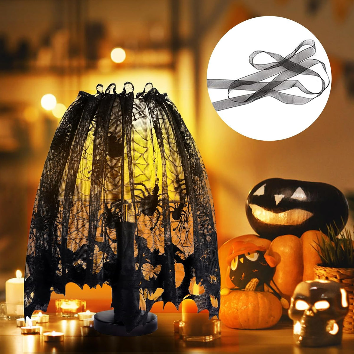 5Pack Halloween Decorations Indoor Halloween Decor Black Lace Table Runner Fireplace Mantel Scarf Round Tablecloth Cobweb Lampshade with 32 Pcs 3D Bat Wall Stickers
