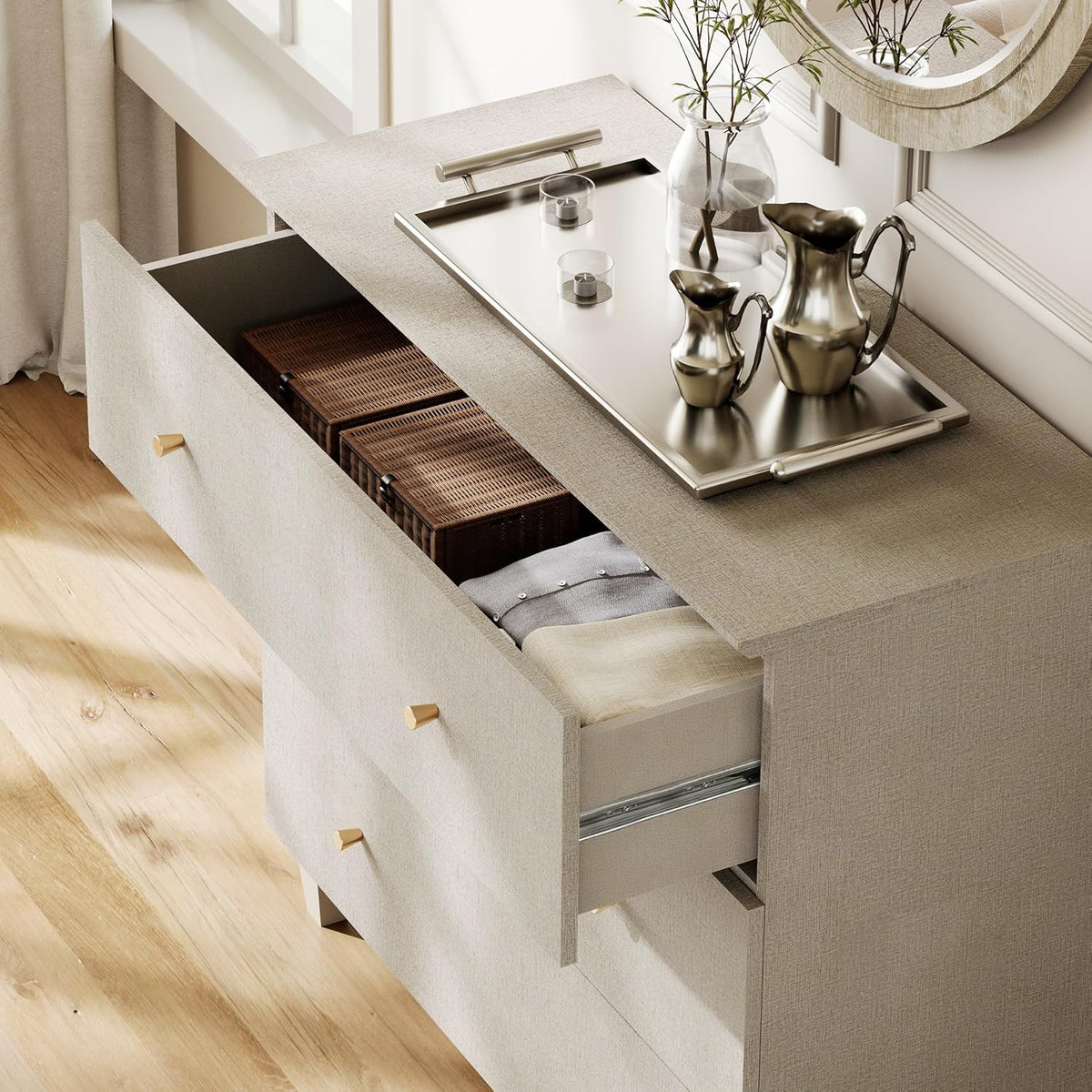 WAMPAT Dresser with 9 Drawers for Bedroom, 106" Wide Wooden Chest of Drawers, Modern Long Dressers Closet Storage Organizer with Solid Wood Legs for Living Room, Kids Room, Nursery, Beige