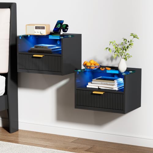 Modern Floating Nightstand Set of 2 with Charging Station & Light (Black)