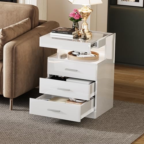 Led Nightstand with Hidden Space & Charging Station (White)
