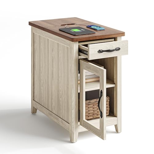 Set of 2 Charging End Tables with USB Ports (Washed Grey and Brown / Glass Door)
