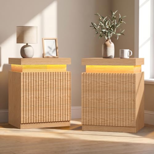 Fluted Nightstand with Charging Station and LED Lights (Oak)