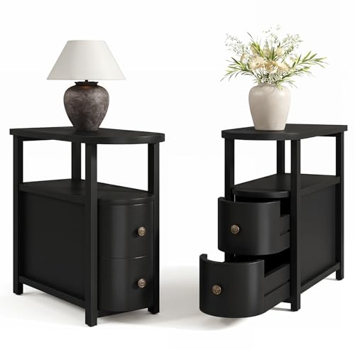 Solid Wood End Table Set 2 with 2 Drawers & Open Shelf (Black)