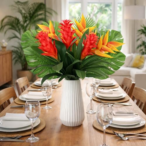 24 Pcs Artificial Tropical Bouquet Artificial Tropical Flowers Centerpieces for Tables Bromeliad Monstera Palm Leaves and Heliconia for Hawaiian Party Birthday Wedding Table Decor