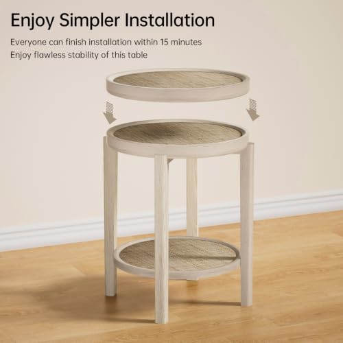 Rattan Round Side Table End Table with Storage Shelf (Creamy White, Round)