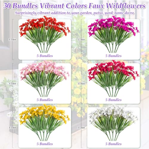 30 Bundles Realistic Artificial Flowers Bulk for Outdoors (Mixed 6 Colors)