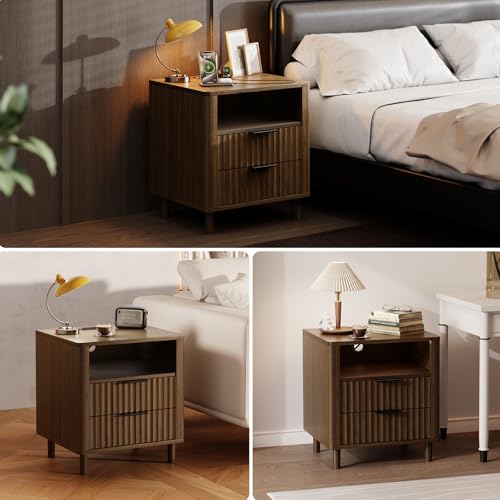 Fluted Nightstand Set of 2 with Charging Station (Walnut / 2 Drawers)
