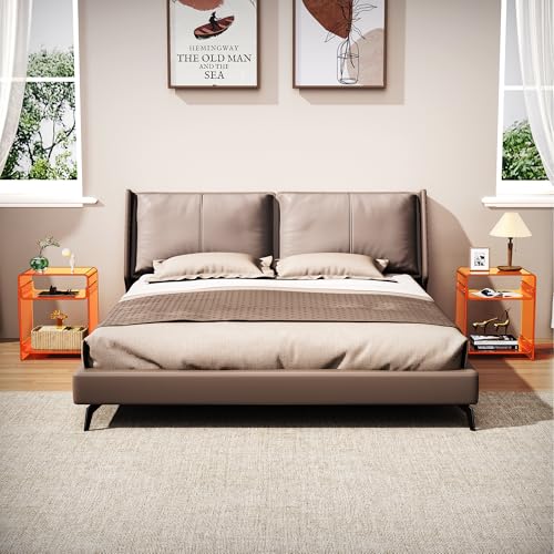 Acrylic End Table Record Player Table with Storage Shelf Clear Side Table Nightstand (Orange Set of 2)