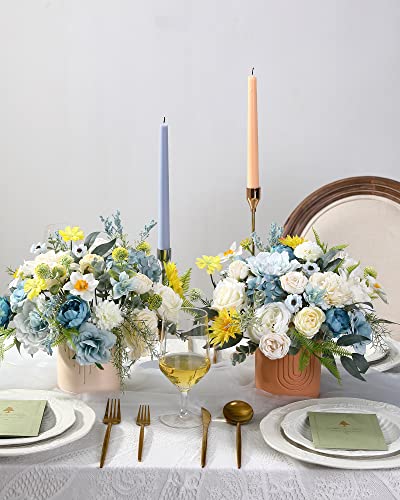 Artificial Flowers Combo Peony 35pcs Silk Roses Mix Fake Flowers for DIY Wedding Bouquets Combo Gradual Change Centerpieces Arrangements Party Bridal Baby Shower Home Decorations (Blue Yellow)