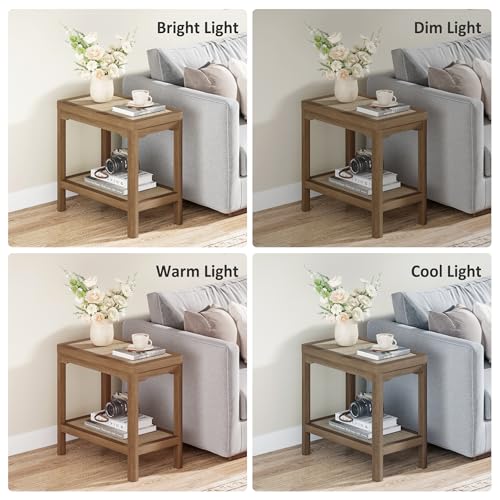 Rattan Side Table End Table with Round Edge Design (Caramel Oak, Round Edges)