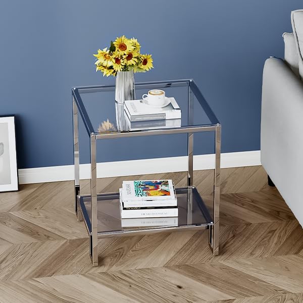 2 Tier Square End Table Side Table with Tempered Glass Top and Silver Stainless Steel Frame Modern Night Stand for Small Spaces Side Table with Storage for Living Room Bedroom (Silver / Style 1)