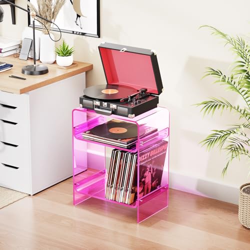 Acrylic Record Player Table with Storage Shelf (Pink / Large)