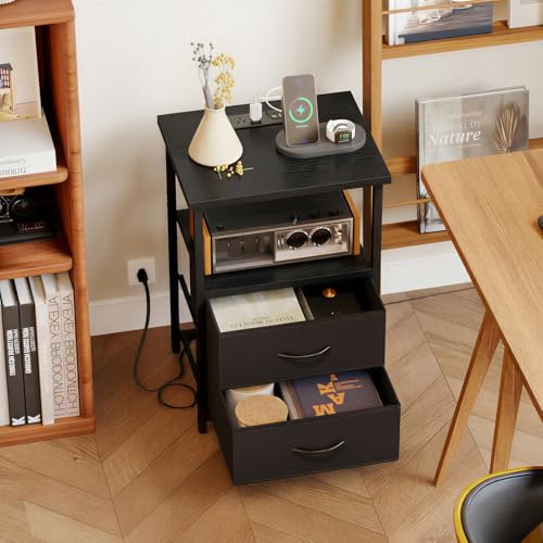 Night Stand with Charging Station (15.7"D x 11.8"W x 23.6"H (2 drawers) / Power (1pc) / Black)