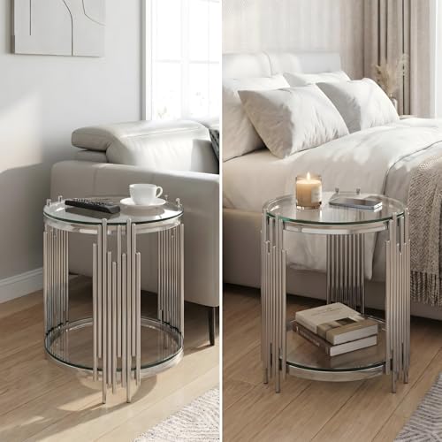 19.7''D Round Glass Side End Table with 2 Tiers (Silver)