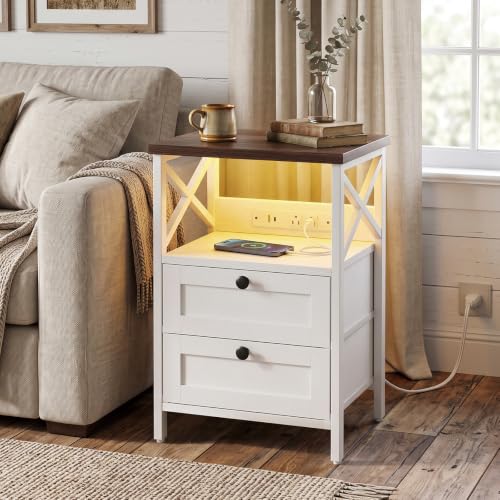 Night Stand with Charging Station (15.7"D x 11.8"W x 23.6"H (2 drawers) / Power+Light (1pc) / Natural Walnut & White)