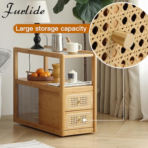 Rattan Nightstand Side Table with Storage (Wood)