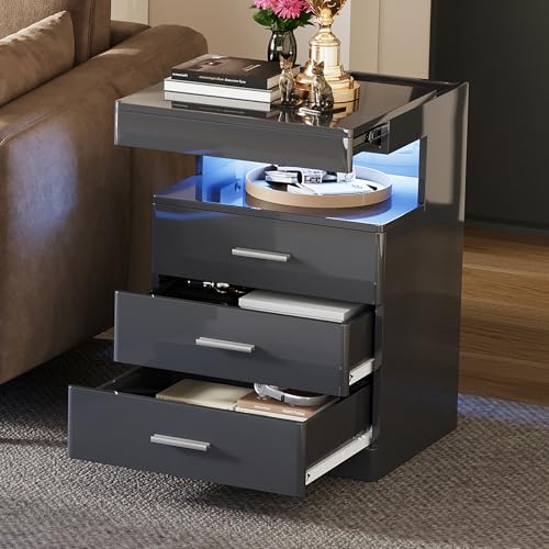 Led Nightstand with Hidden Space & Charging Station (Grey)