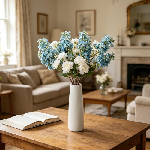 4PCS 25.6inch Lilac Artificial Flowers Light Blue Fake Delphinium Long Stem Silk Real Touch Flower Faux Lilac Floral Arrangement for Tall Vase Table Wedding Garden Home Decoration(Light Blue) (25.6inch Light Blue / 4 Pcs)