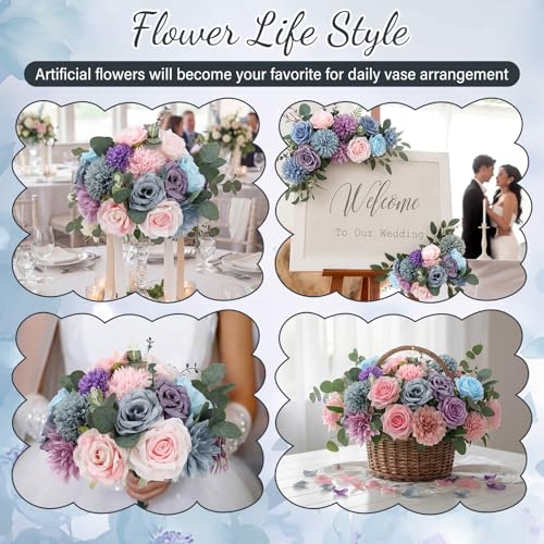 98pcs Artificial Flowers with Stems (Blue, Purple, Pink Color)