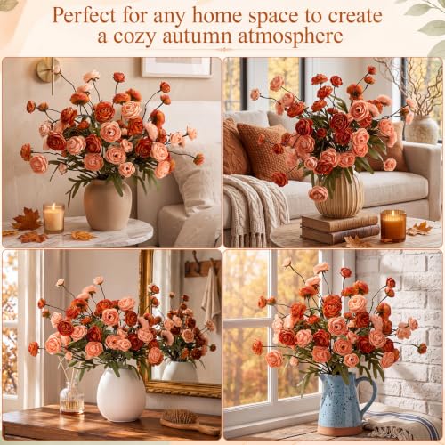 Rivrlive 12 Pcs Fall Orange Ranunculus Artificial Flowers (Orange)