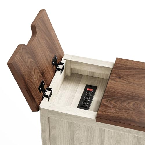 Charging End Table with USB Ports (Washed Grey and Brown / Wood Door)