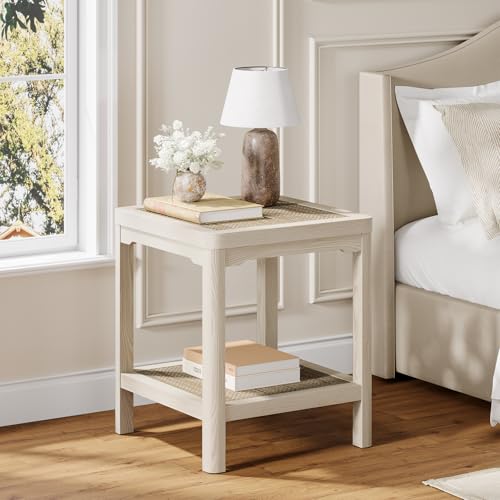 Square Rattan End Table Side Table Set of 2 with Round Edge Design (Creamy White, Square)