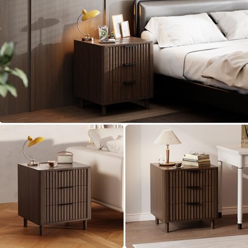 Fluted Nightstand with Charging Station (Walnut / 3 Drawers)
