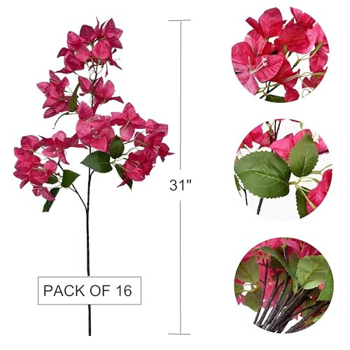 Pack of 16 Artificial Bougainvillea Flower Stems Silk Bougainvillea Long Branches Full Blossoms for Home Wedding Table Centerpiece Shower Event Backdrop Indoor Outdoor Decorations (Fuchsia)