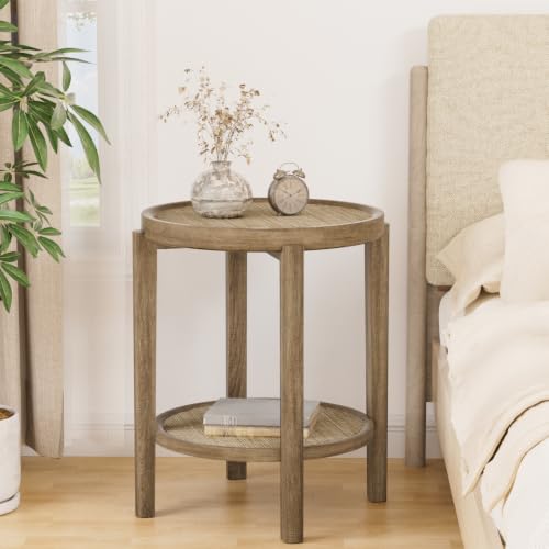 Rattan Round Side Table End Table Set of 2 with Storage Shelf (Caramel Oak, Round)