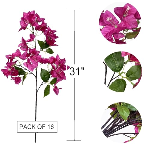 Pack of 16 Artificial Bougainvillea Flower Stems Silk Bougainvillea Long Branches Full Blossoms for Home Wedding Table Centerpiece Shower Event Backdrop Indoor Outdoor Decorations (Violet)