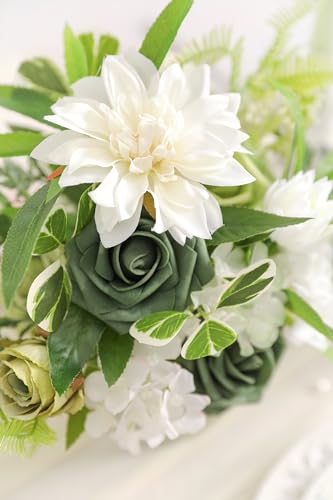 Artificial Flowers Combo Box Set for DIY Wedding Bouquets Centerpieces Arrangements Bridal Shower Party Home Decorations (White & Forest Green)