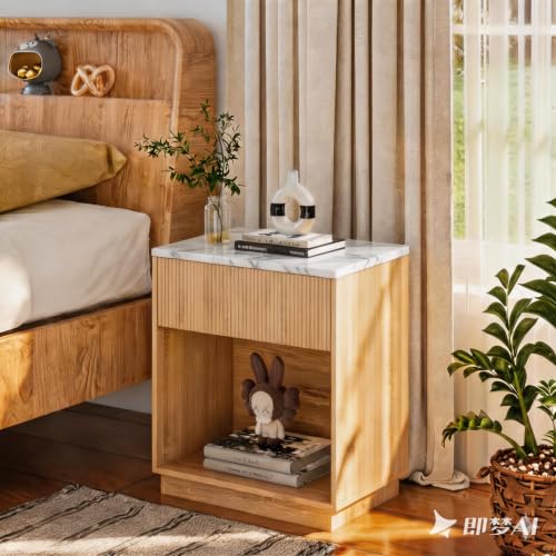 Fluted Nightstands Set of 2 (Oak-marble)