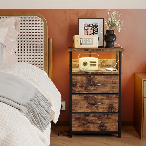 Night Stand with 3 Fabric Drawers (15.7"D x 11.8"W x 26.9"H (3 drawers) / Power+Light (1pc) / Rustic Brown)
