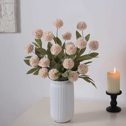 12 Pcs 27" Artificial Pompon Mum Silk Flower Stems for Vase (Beige)