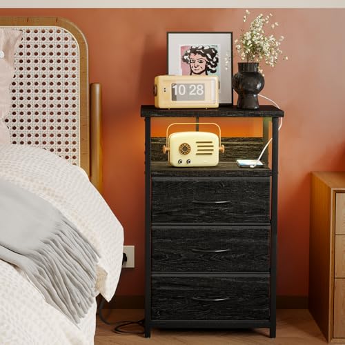 Night Stand with 3 Fabric Drawers (15.7"D x 11.8"W x 26.9"H (3 drawers) / Power+Light (1pc) / Black Oak)