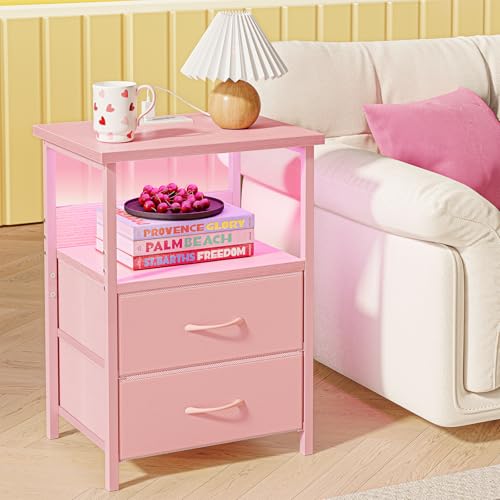 Night Stand with Charging Station (15.7"D x 11.8"W x 23.6"H (2 drawers) / Power+Light (1pc) / Pink)