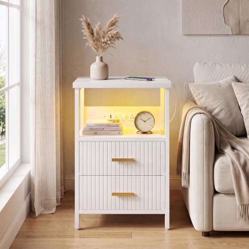 Night Stand with Charging Station (15.7"D x 11.8"W x 23.6"H (2 drawers) / Power+Light (1pc) / White Fluted)