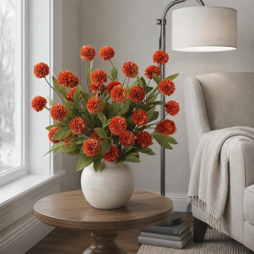 12 Pcs 27"Artificial Fall Pompon Mum Flower Stems for Vase (Orange)