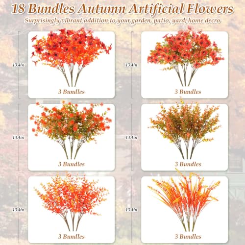 18 Bundles Realistic Fall Artificial Flowers for Outdoors UV Resistant (Mixed Orange)